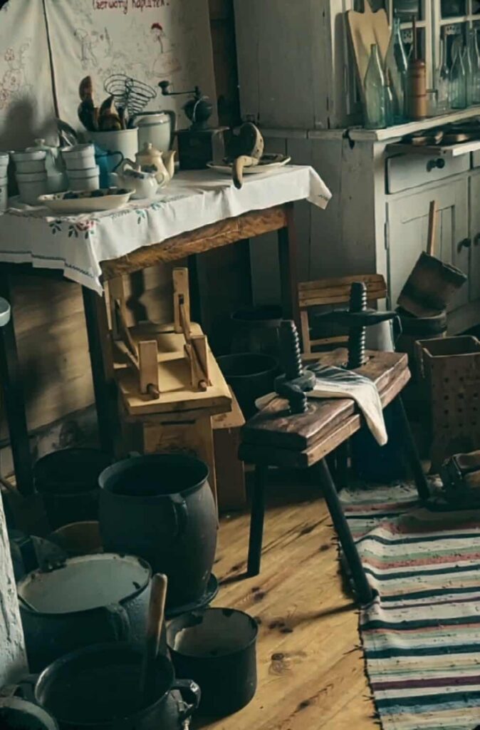 Wnętrze dawnej wiejskiej izby z kredensem, makatką i stołem z ławą